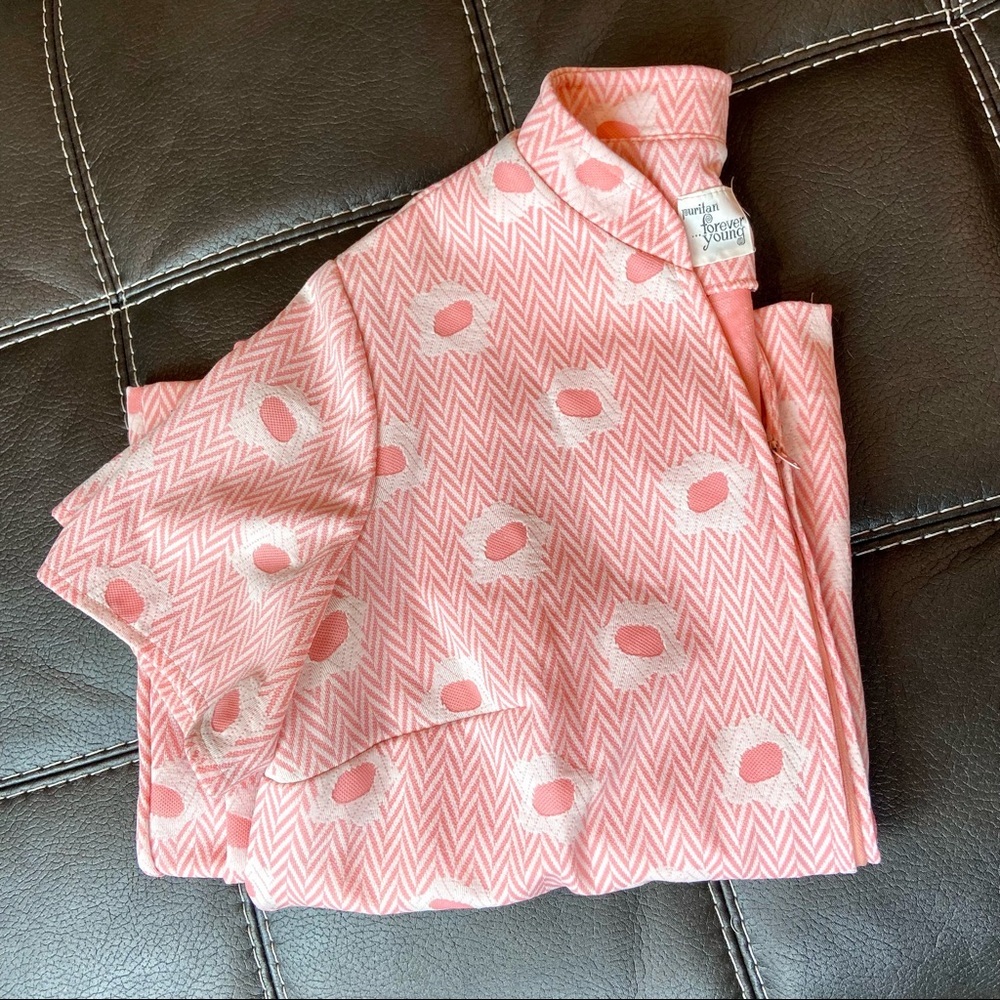 VINTAGE House Dress House Coat 60s Mod Sherbet Peachy Pink Floral Pattern Midi - Picture 6 of 6